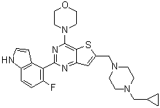 structure of CAS# 955977-50-1, 6-[[4-(环丙基甲基)-1-哌嗪基]甲基]-2-(5-氟-1H-吲哚-4-基)-4-(4-吗啉基)噻吩并[3,2-d]嘧啶
