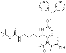 structure of CAS# 957780-54-0, (4S)-3-[(2S)-6-[[(1,1-Dimethylethoxy)carbonyl]amino]-2-[[(9H-fluoren-9-ylmethoxy)carbonyl]amino]-1-oxohexyl]-2,2-dimethyl-4-oxazolidinecarboxylic acid