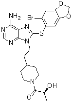 (2S)-1-[4-[2-[6-Amino-8-[(6-bromo-1,3-benzodioxol-5-yl)thio]-9H-purin-9-yl]ethyl]-1-piperidinyl]-2-hydroxy-1-propanone molecular structure (CAS 958025-66-6)