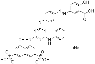 CAS # 95873-70-4, 2-Hydroxy-5-[[4-[[4-[(8-hydroxy-3,6-disulfo-1-naphthalenyl)amino]-6-(phenylamino)-1,3,5-triazin-2-yl]amino]phenyl]azo]benzoic acid sodium salt