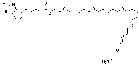 structure of CAS# 960132-48-3, O-(2-Aminoethyl)-O'-[2-(biotinylamino)ethyl]octaethylene glycol