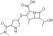 CAS 登录号：96036-03-2, 美罗培南, 3-[[5-[(二甲氨基)羰基]-3-吡咯烷基]硫代]-6-(1-羟乙基)-4-甲基-7-氧代-1-氮杂双环[3,2,0]庚-2-烯-2-羧酸