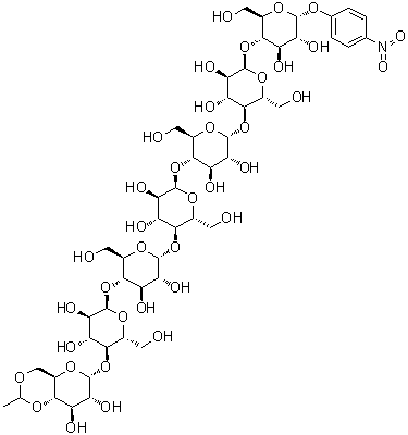 CAS # 96597-16-9, Ethylidene-4-nitrophenyl-a-D-Maltoheptaoside, (4aR,6R,7R,8R,8aS)-6-[(2R,3S,4R,5R,6R)-6-[(2R,3S,4R,5R,6R)-6-[(2R,3S,4R,5R,6R)-6-[(2R,3S,4R,5R,6R)-6-[(2R,3S,4R,5R,6R)-6-[(2R,3S,4R,5R,6R)-4,5-dihydroxy-2-(hydroxymethyl)-6-(4-nitrophenoxy)oxan-3-yl]oxy-4,5-dihydroxy-2-(hydroxymethyl)oxan-3-yl]oxy-4,5-dihydroxy-2-(hydroxymethyl)oxan-3-yl]oxy-4,5-dihydroxy-2-(hydroxymethyl)oxan-3-yl]oxy-4,5-dihydroxy-2-(hydroxymethyl)oxan-3-yl]oxy-4,5-dihydroxy-2-(hydroxymethyl)oxan-3-yl]oxy-2-methyl-4,4a,6,7,8,8a-hexahydropyrano[3,2-d][1,3]dioxine-7,8-diol