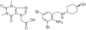 CAS # 96989-76-3, Acebrophylline, 1,2,3,6-Tetrahydro-1,3-dimethyl-2,6-dioxo-7H-purine-7-acetic acid with trans-4-[[(2-Amino-3,5-dibromophenyl)methyl]amino]cyclohexanol