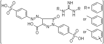 CAS # 97392-94-4, 4,5-Dihydro-5-oxo-1-(4-sulfophenyl)-4-[(4-sulfophenyl)azo]-1H-pyrazole-3-carboxylic acid compds with N,N'-di(phenyl, o-tolyl and xylyl)guanidine